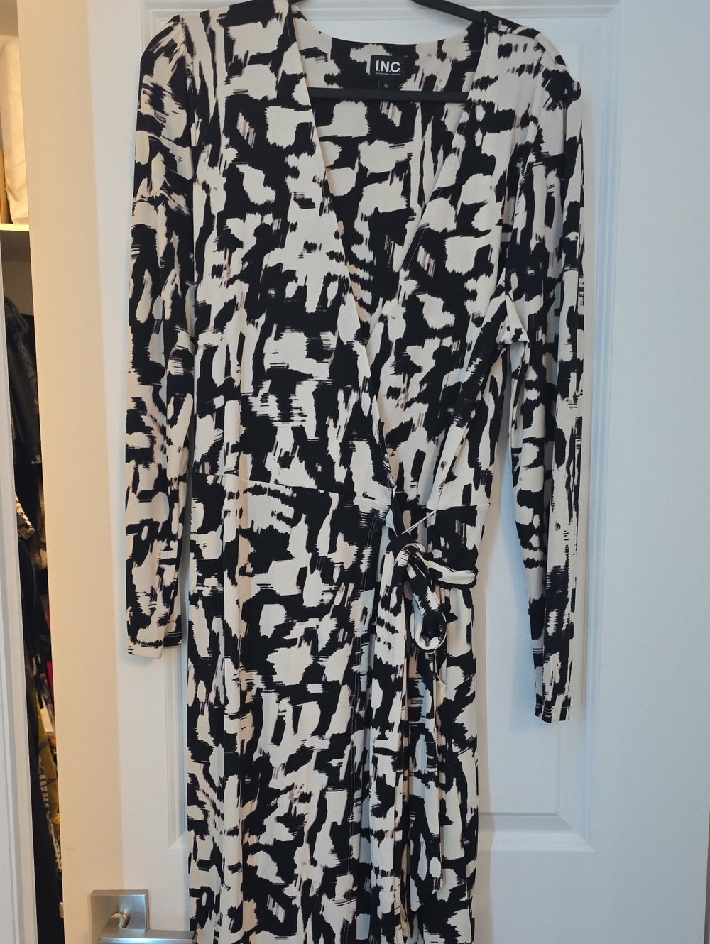 INC International Concepts Black and Cream Abstract Wrap Dress
